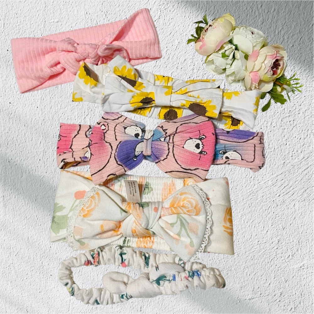 Baby Girl Headband Bows Lot Of 6 Care Bears Flowers Sunflowers Pink White Soft